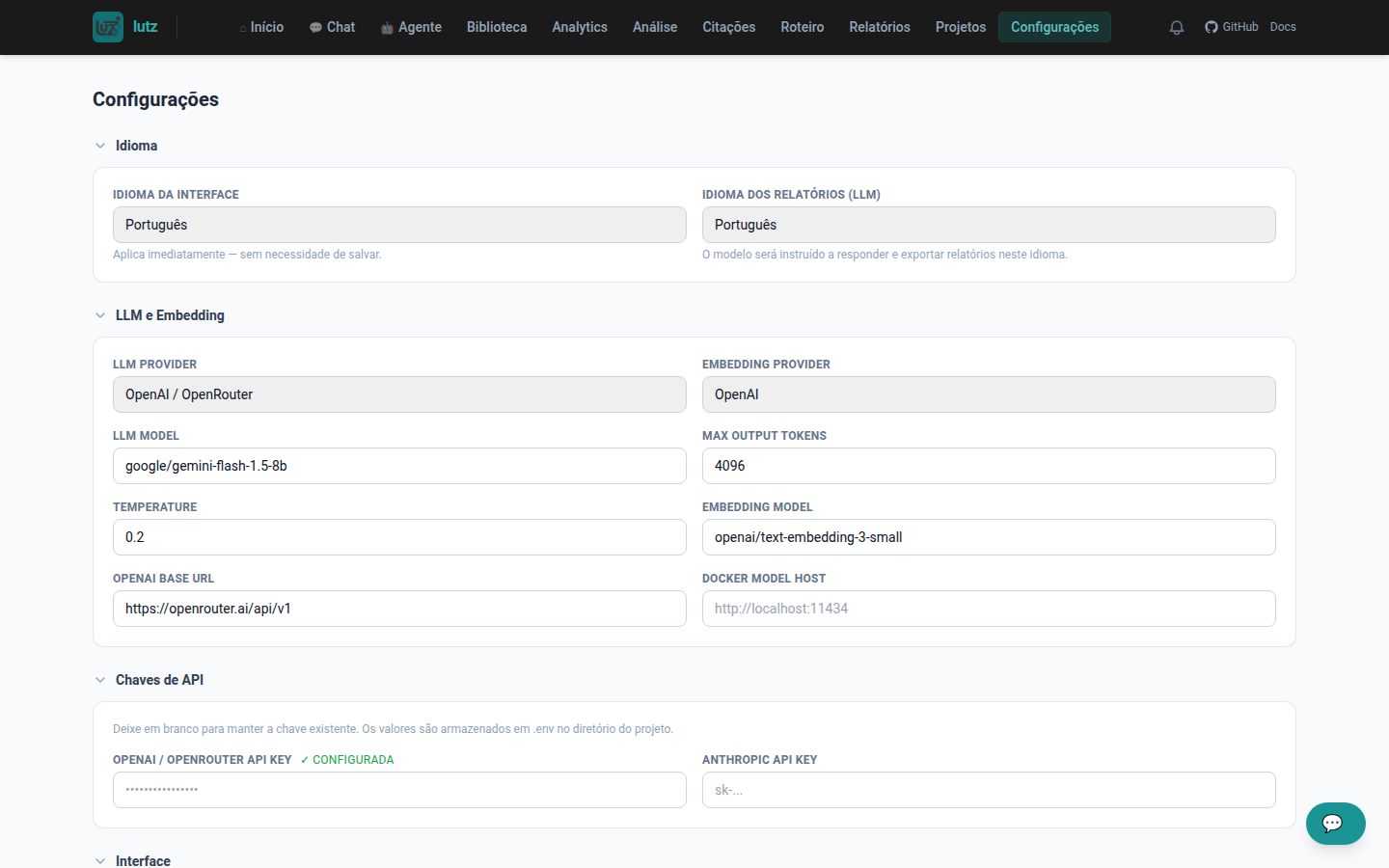 Página de Configurações